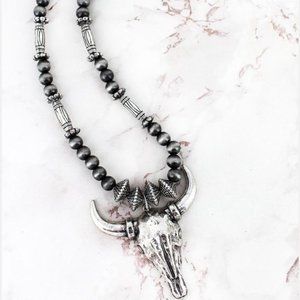 Steer Longhorn Skull Silver Navajo Pearl Necklace